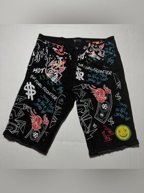 Men's Black Graphic Jean Shorts with Multicolor Street Art